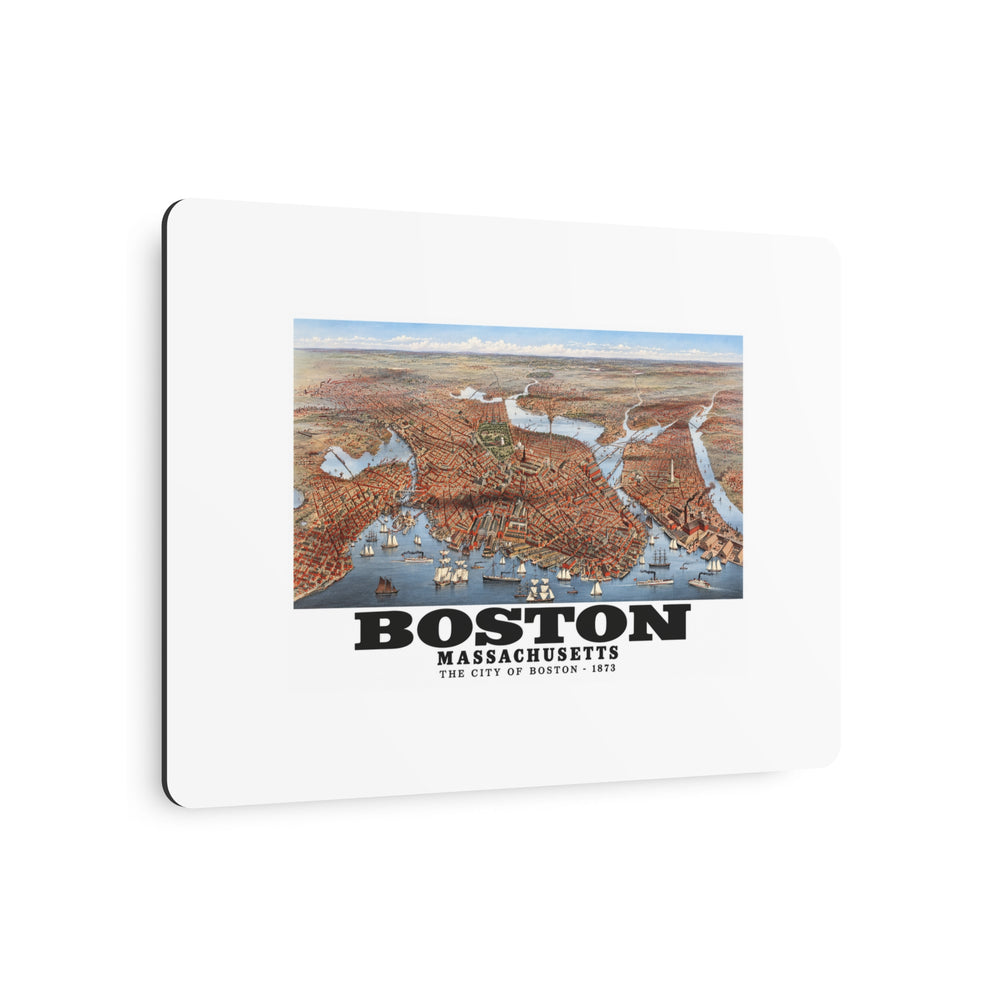 Angled view of historic Boston city and waterways bird-eye panorama metal print with its dark edge visible