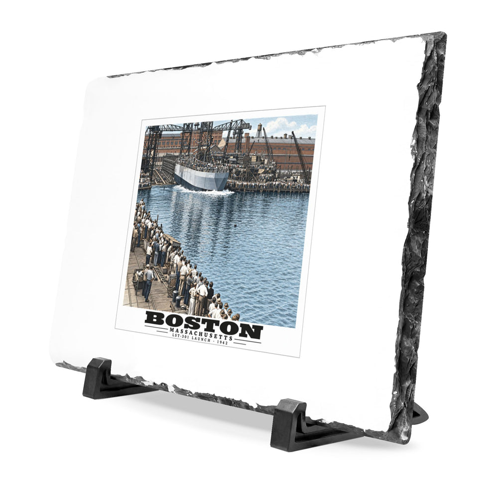 Illustrated LST-301 at Boston Navy Yard in Charlestown on slate desk plaque