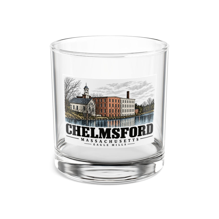 Front of Eagle Mills rocks glass, with Chelmsford, Massachusetts artwork and lettering.