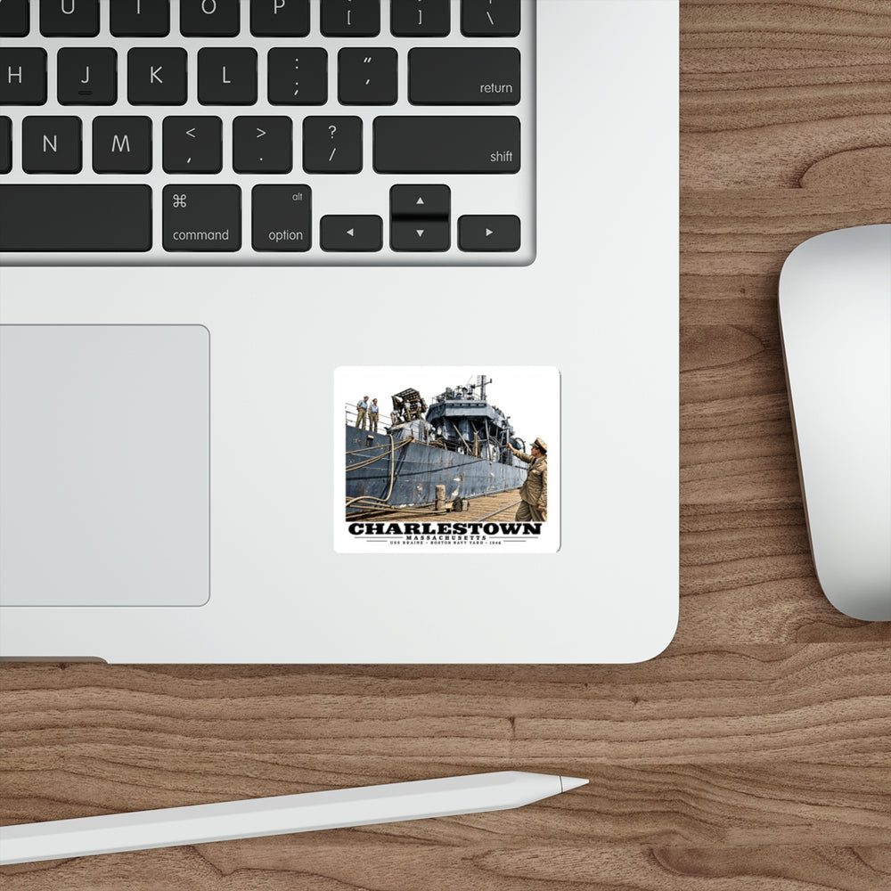 Illustrated USS Braine at Boston Navy Yard in Charlestown on die-cut sticker
