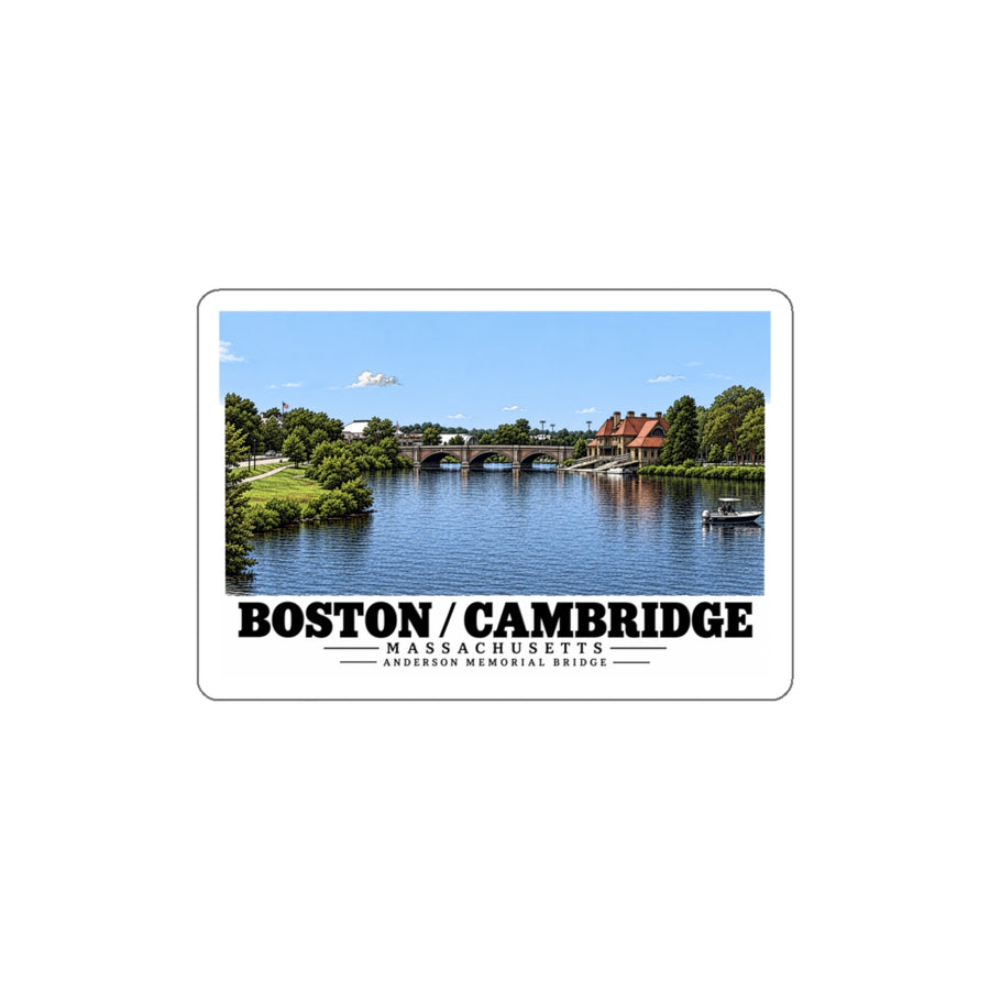 White bordered sticker showing Anderson Memorial Bridge distant river view artwork and Boston/Cambridge lettering
