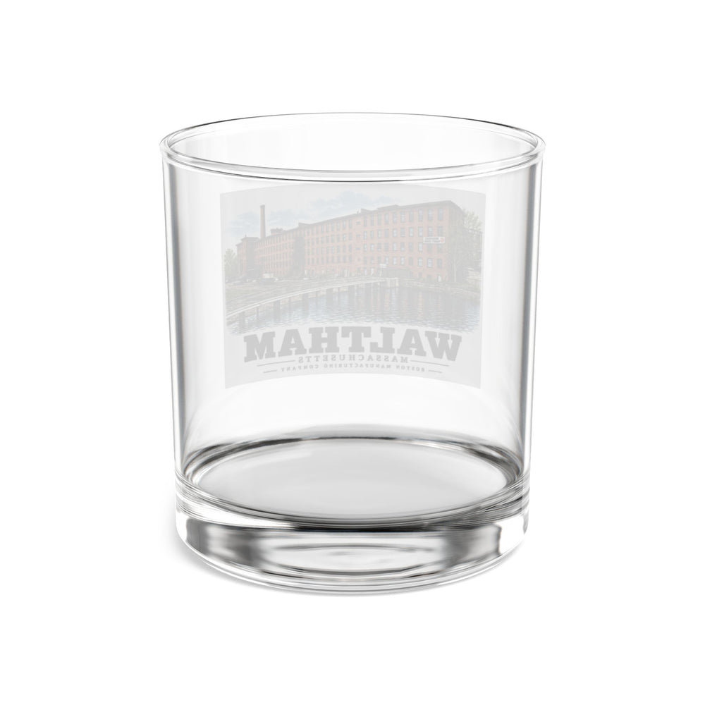 Illustrated Boston Manufacturing Company in Waltham on rocks glass