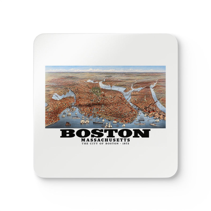 White square coaster showing historic Boston city and waterways bird-eye panorama artwork and Boston lettering