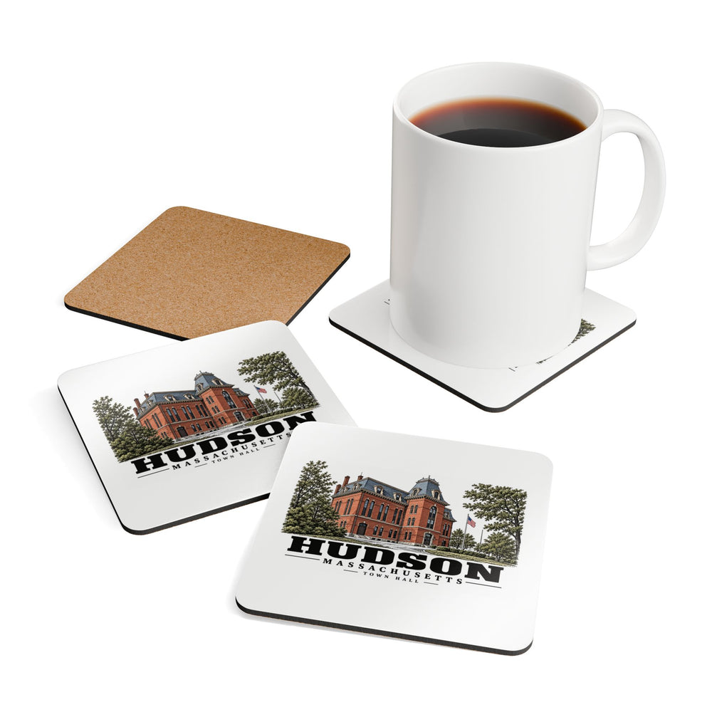 Illustrated Town Hall in Hudson on corkwood coaster set