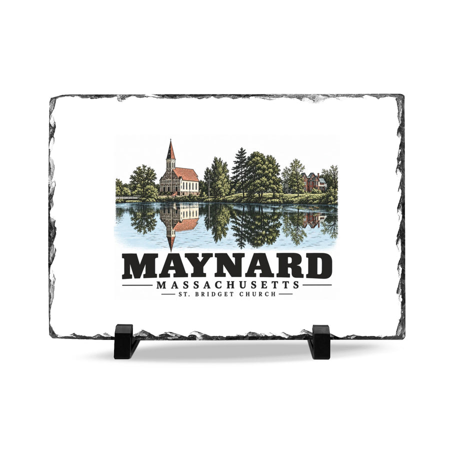 Illustrated St. Bridget Church in Maynard on slate desk plaque