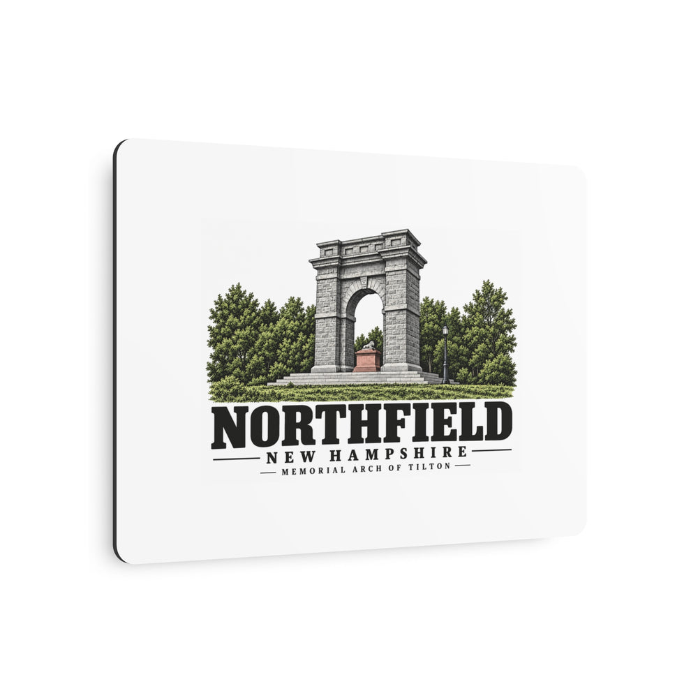 Angled front of Memorial Arch of Tilton horizontal metal wall art, Northfield, New Hampshire.