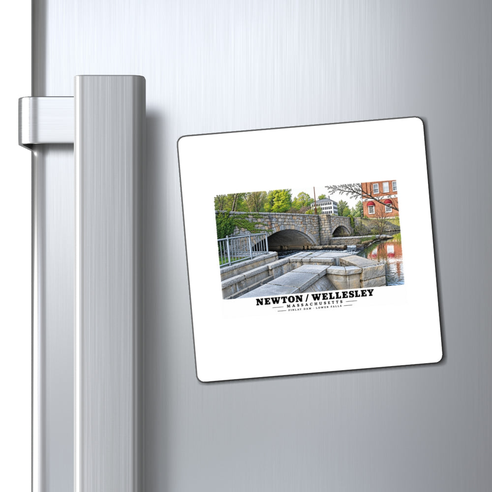 Finlay Dam stone arches and water magnet on a refrigerator beside its handle