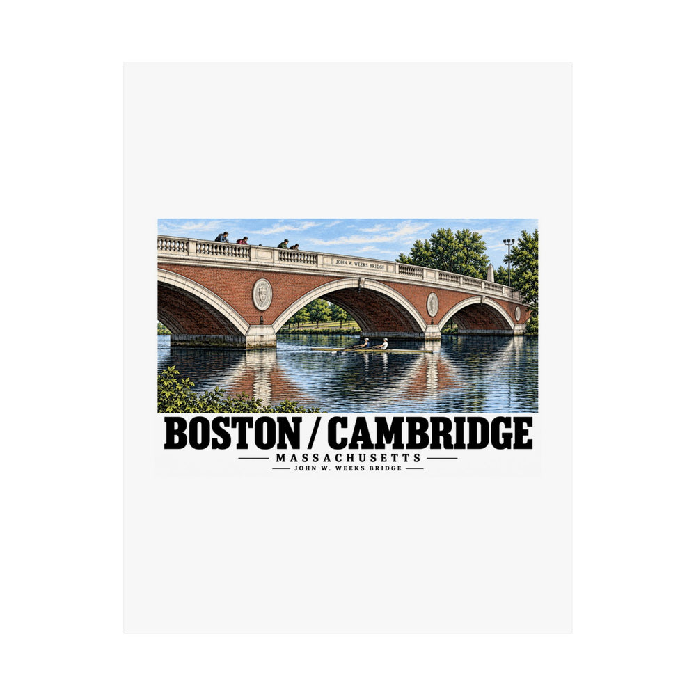 Flat John W. Weeks Bridge and scullers poster with Boston/Cambridge lettering