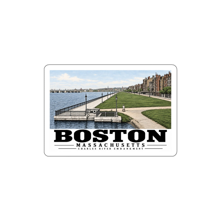 White bordered sticker showing Charles River Embankment riverside path, lawn and buildings artwork and Boston lettering