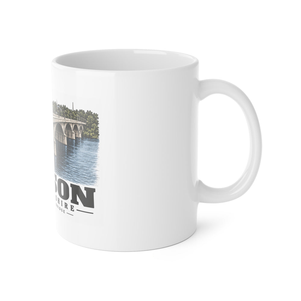 Right-handle side view of Taylor’s Falls Bridge white ceramic mug, Hudson, New Hampshire.