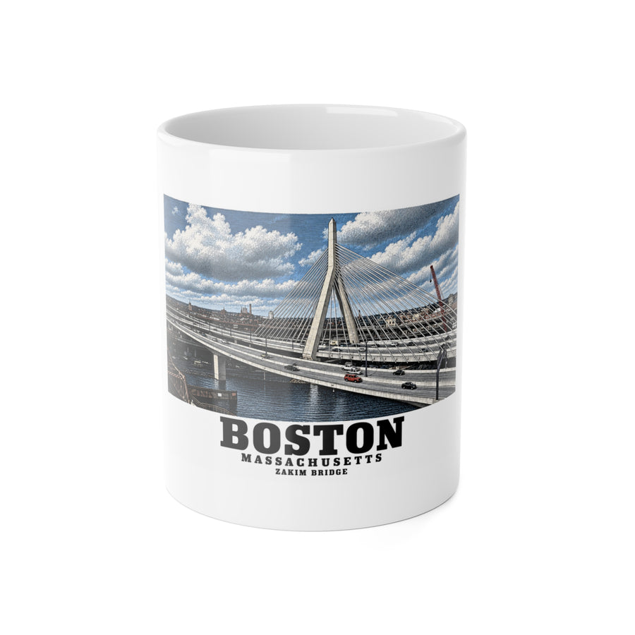White mug showing Zakim Bunker Hill Bridge cable-stayed towers and Charles River artwork and Boston lettering