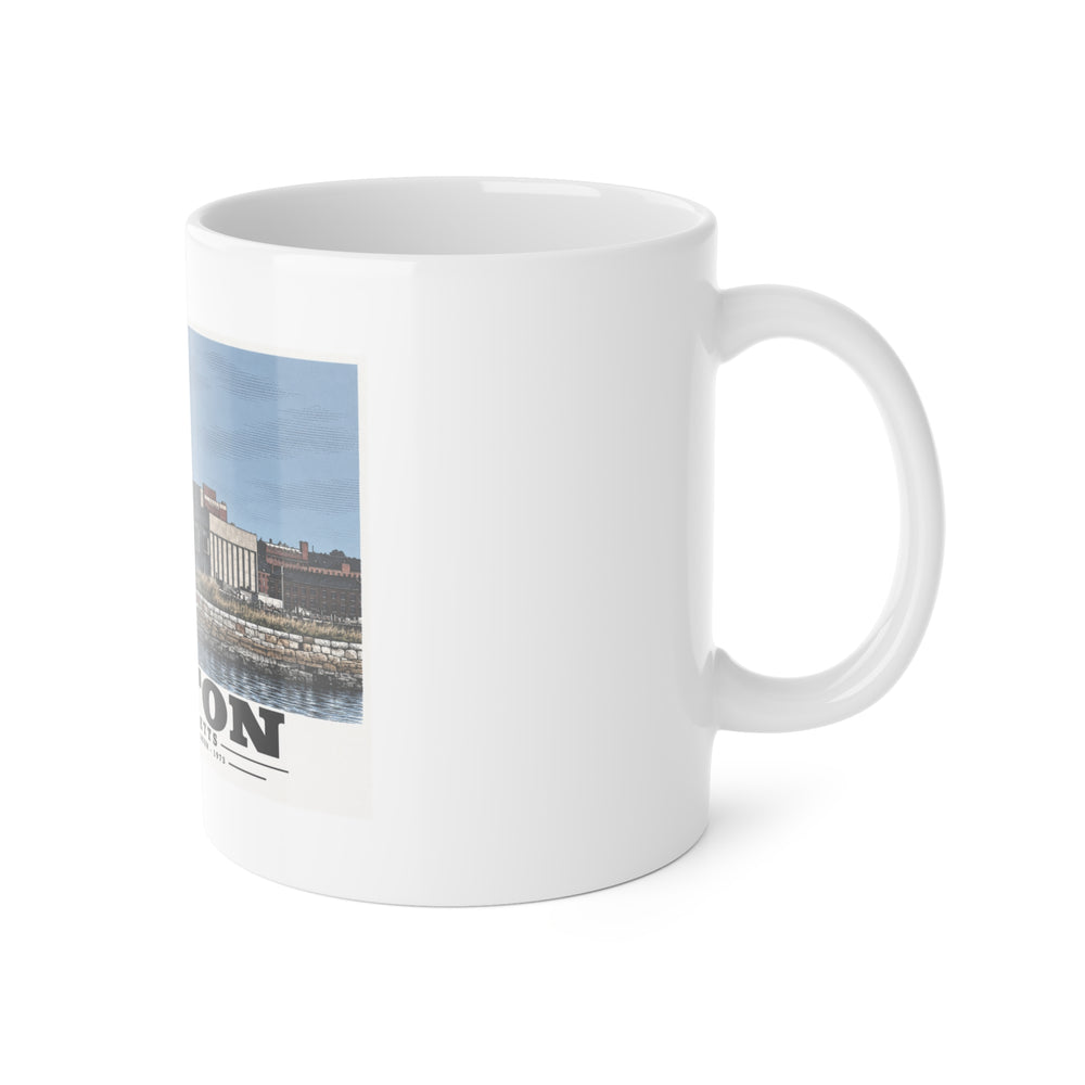 White mug with handle at right and part of the Commercial Wharf and Aquarium waterfront buildings, stone seawall and harbor water print at left