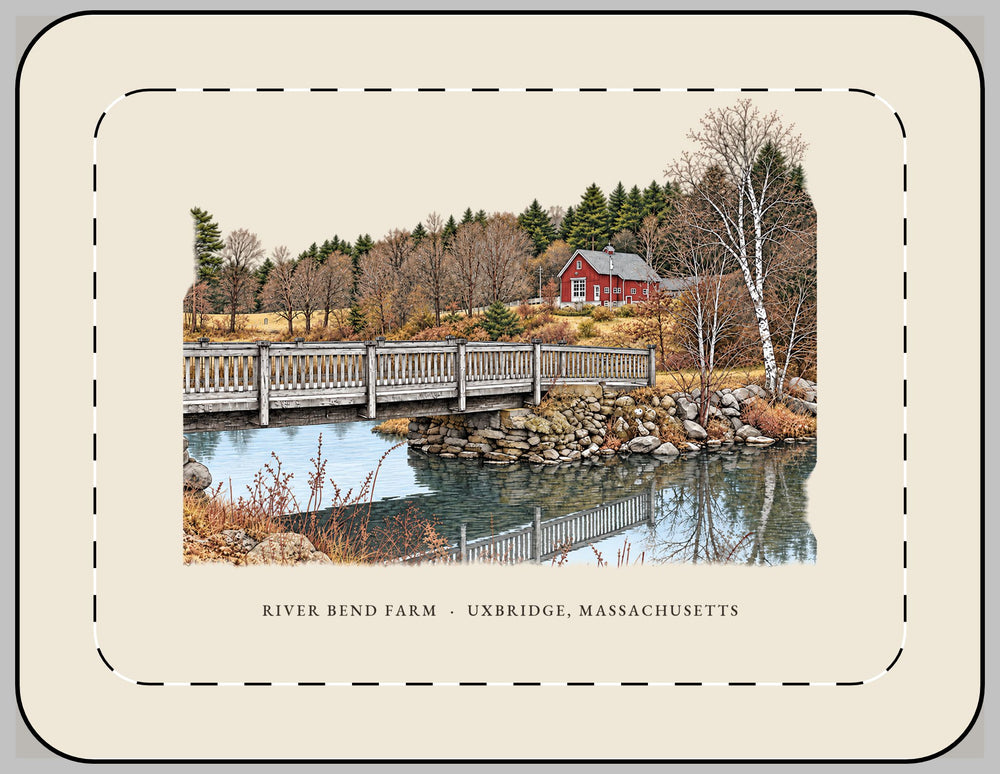 Uxbridge River Bend Farm 13-inch laptop sleeve mockup showing the full illustrated print