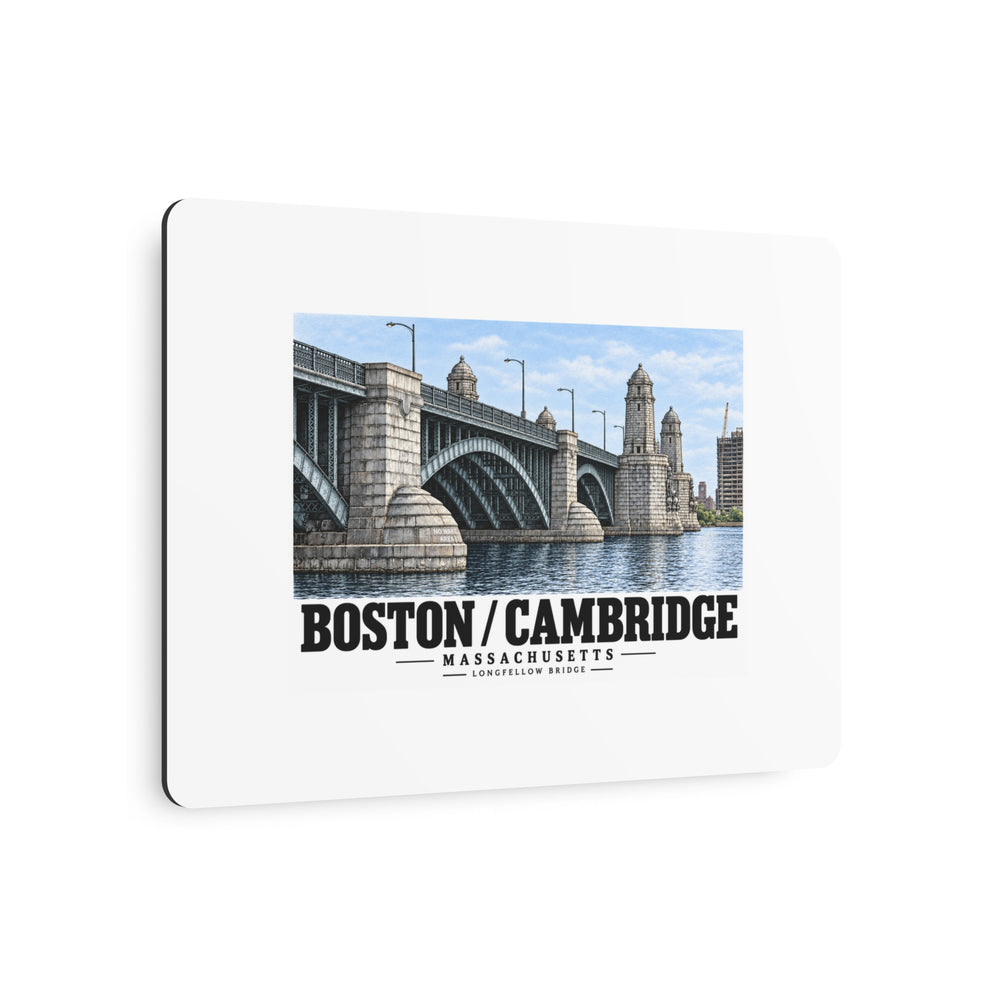 Angled metal wall art with Longfellow Bridge artwork and Boston/Cambridge lettering.