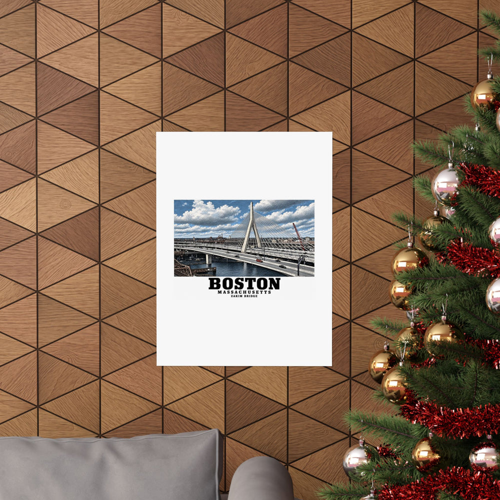 Zakim Bunker Hill Bridge cable-stayed towers and Charles River poster on a wood wall beside a decorated evergreen
