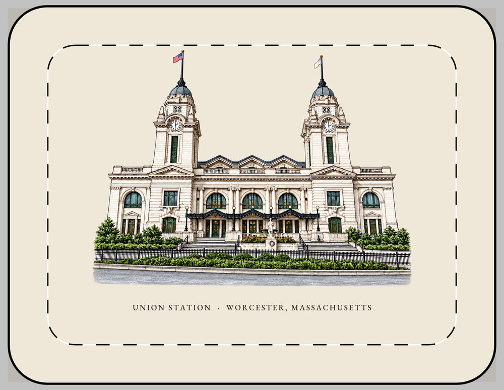 Worcester Union Station 13-inch laptop sleeve mockup showing the full illustrated print