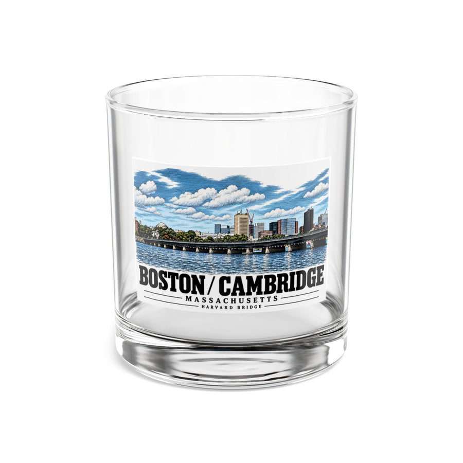 Clear rocks glass showing Harvard Bridge river and skyline view artwork and Boston/Cambridge lettering