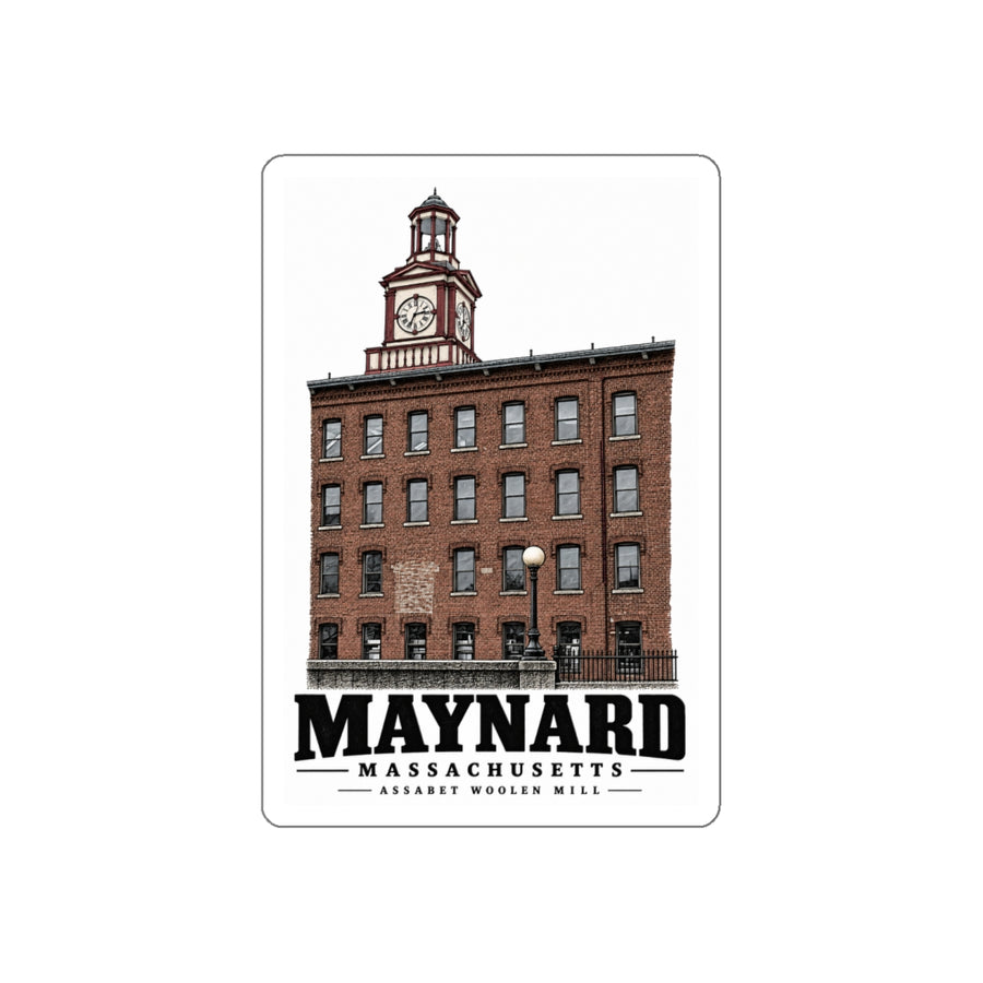 Illustrated Assabet Woolen Mill in Maynard on die-cut sticker
