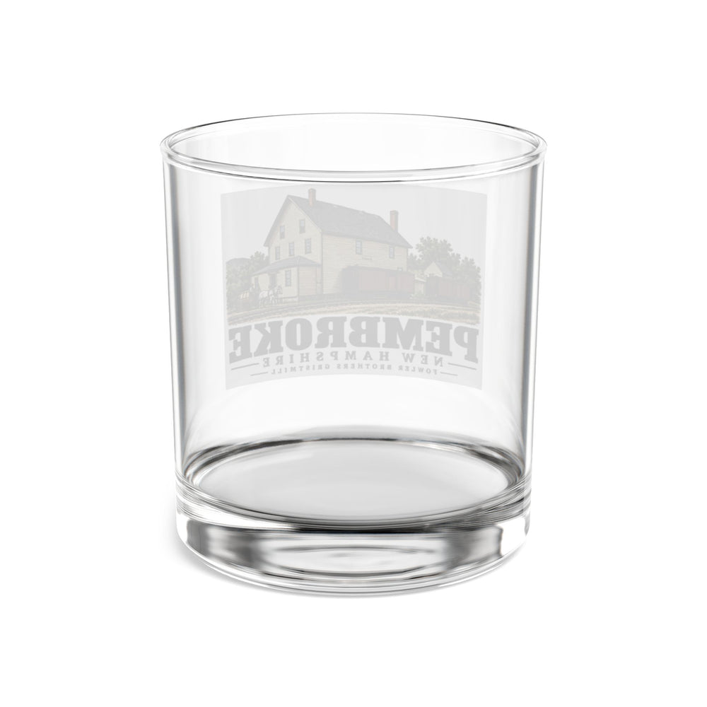 Transparent reverse of Fowler Brothers Grist Mill rocks glass, with Pembroke, New Hampshire artwork and lettering.