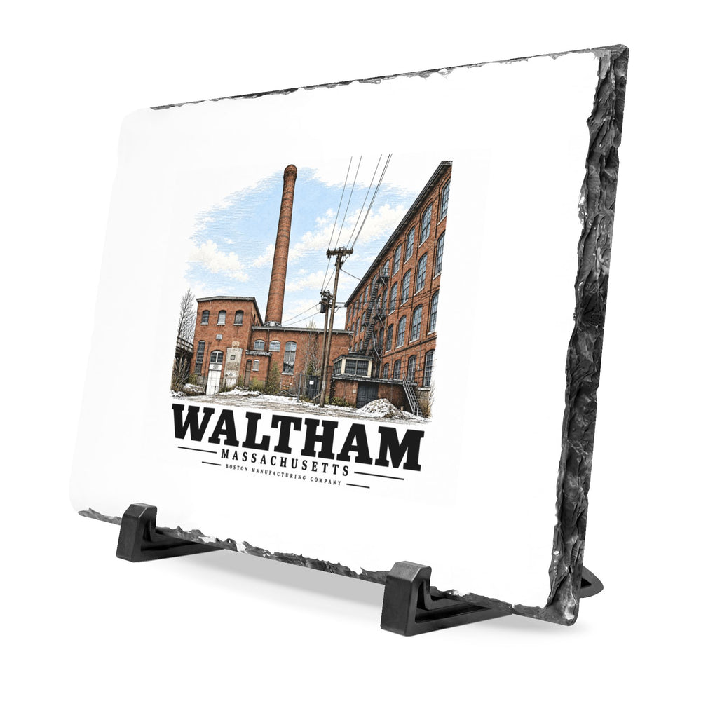 Illustrated Boston Manufacturing Company in Waltham on slate desk plaque