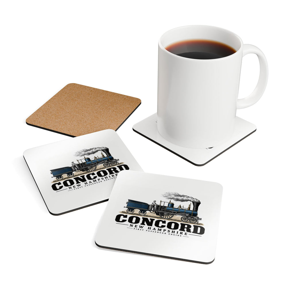 Tabletop display with coffee mug prop of First Passenger Engine square cork-backed coaster set, Concord, New Hampshire.