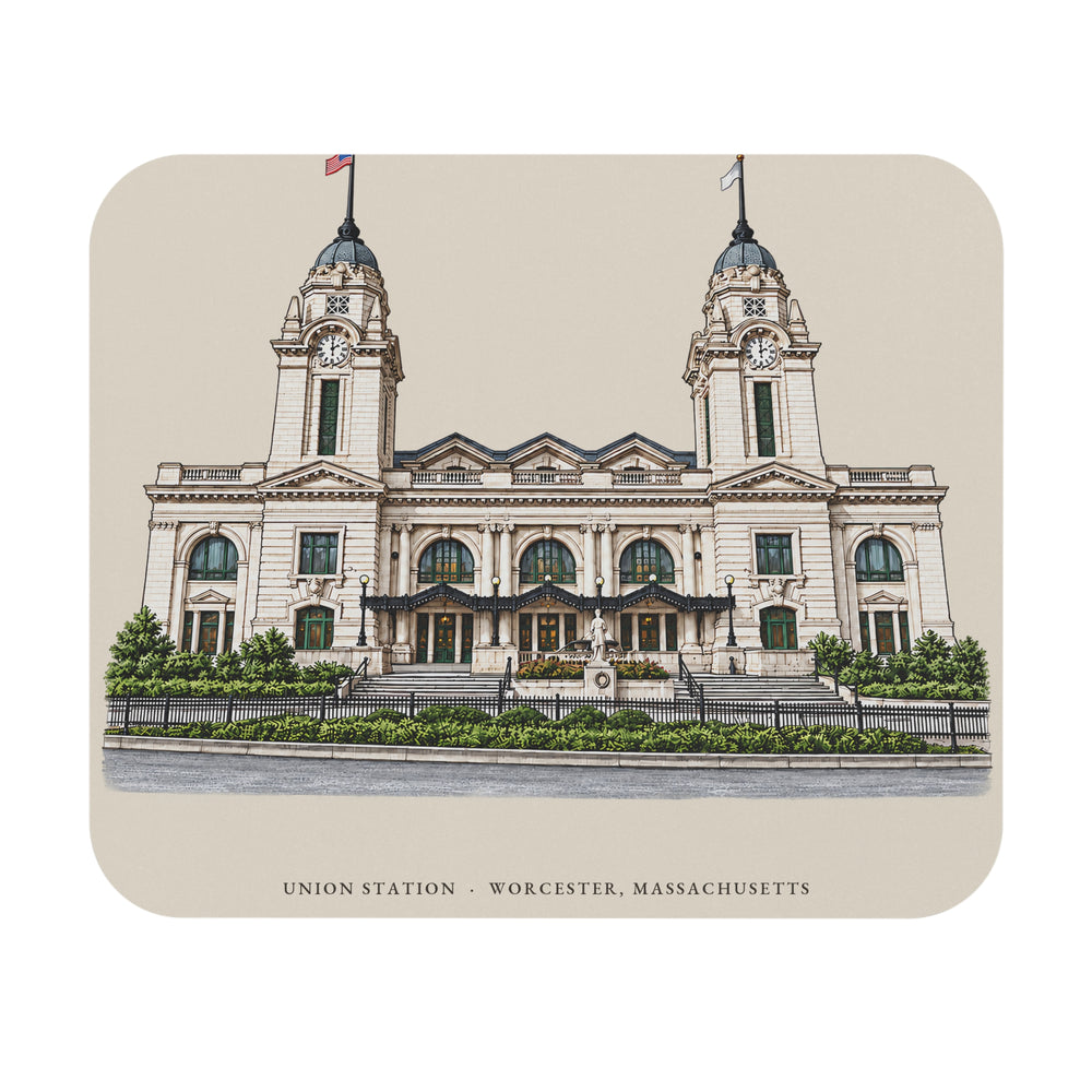 Worcester Union Station mouse pad mockup showing the full illustrated print