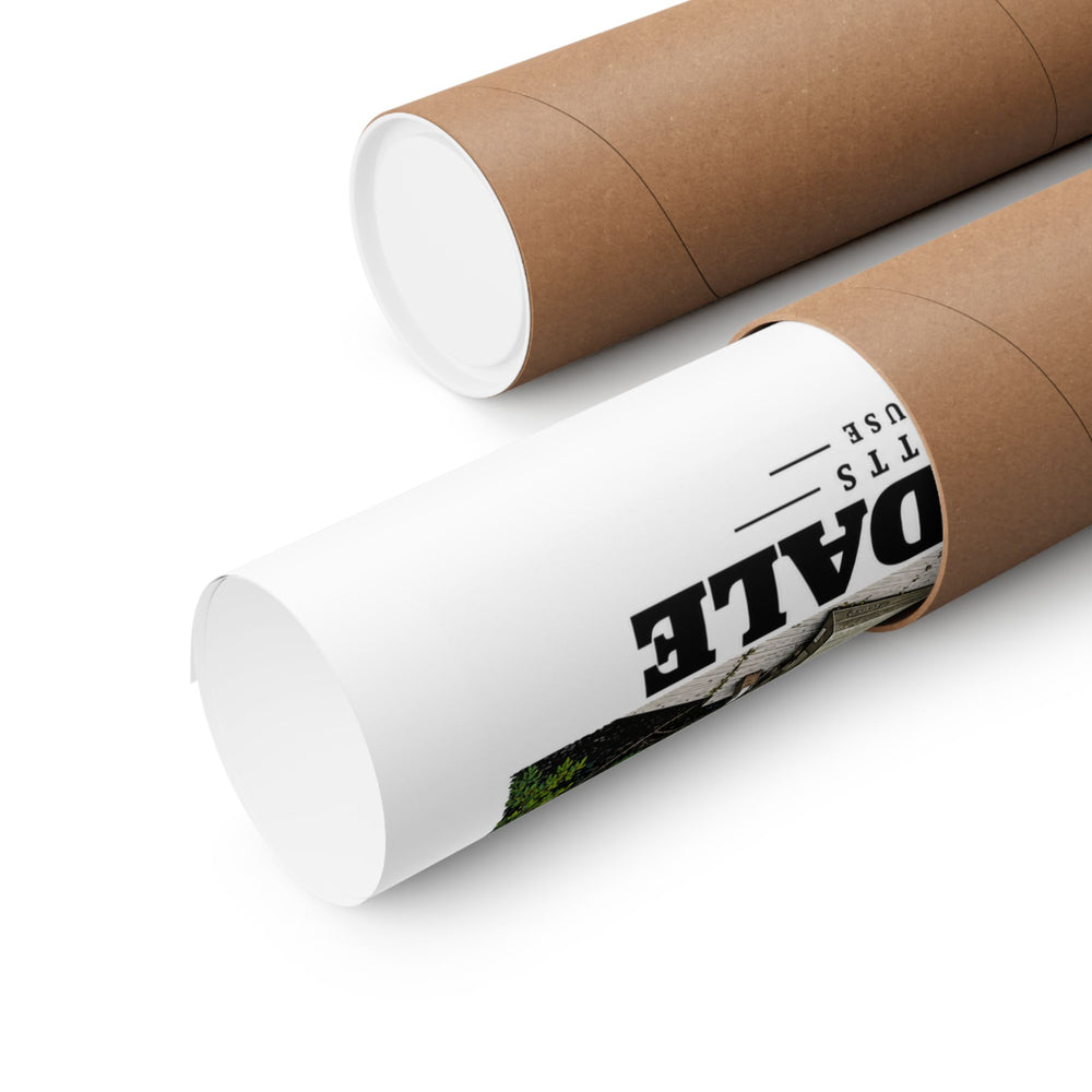 Rolled Stoller Boathouse matte poster with artwork and lettering partly visible beside a cardboard shipping tube.