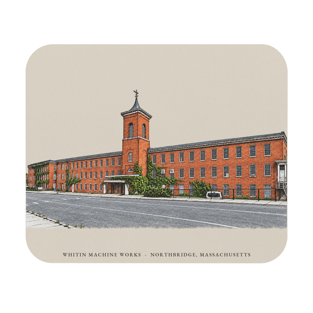 Northbridge Whitin Machine Works mouse pad mockup showing the full illustrated print