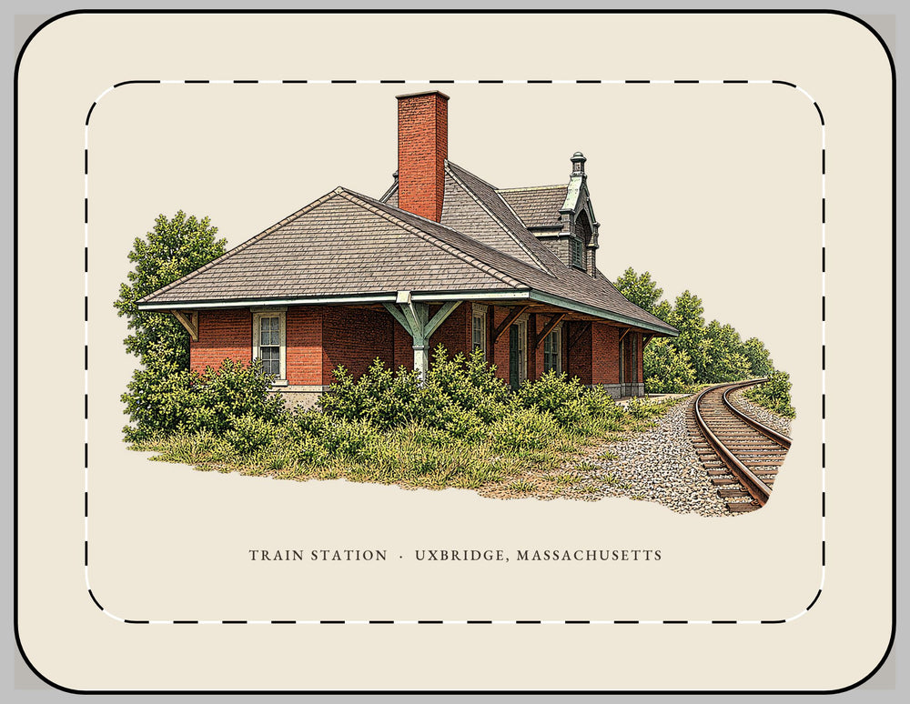 Uxbridge Train Station 13-inch laptop sleeve mockup showing the full illustrated print