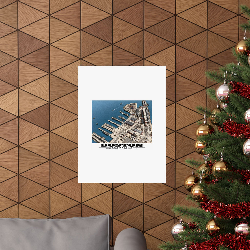 Aerial view of US Naval Dry Dock, South Boston showing development of facilities. HMS QUEEN MARY in Dry Dock #3 Matte Heritage Poster — 11 × 14 and 18 × 24 in - Boston Harbor
