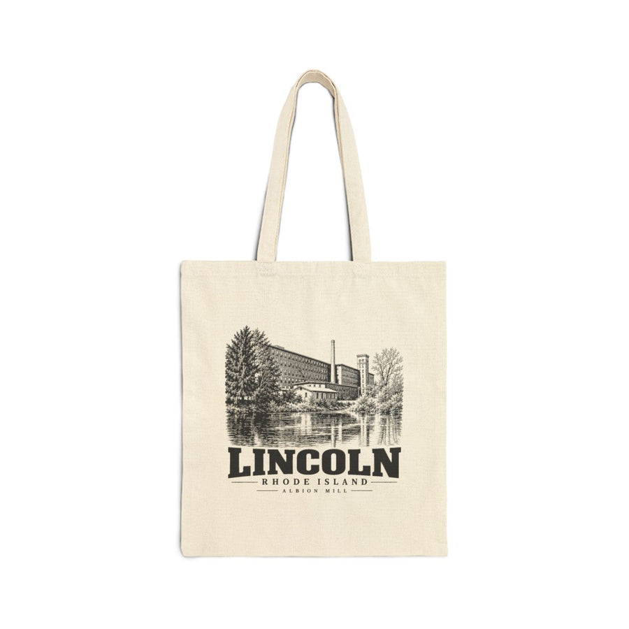 Front view of Natural Liberty Bags OAD113 canvas tote with black Albion Mill artwork, Lincoln, Rhode Island