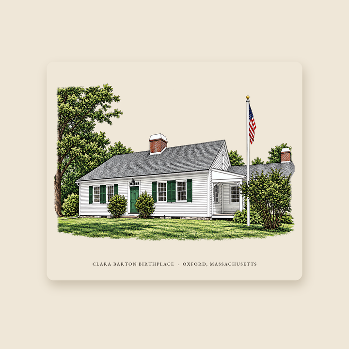 Oxford Clara Barton Birthplace illustrated mouse pad with the caption CLARA BARTON BIRTHPLACE · OXFORD, MASSACHUSETTS, shown on a cream background