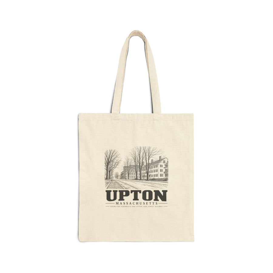 Upton Knowlton Tenements and Upton Loop artwork on Natural heavy canvas tote bag, front view