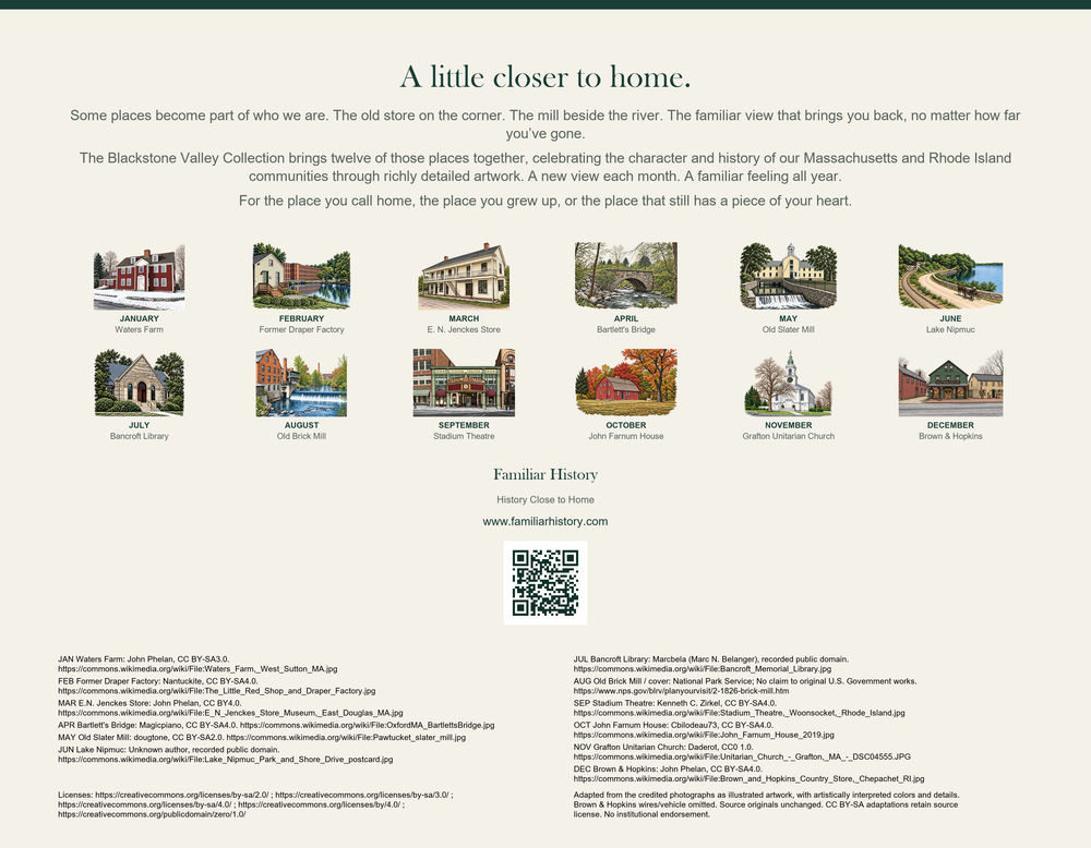Back cover of The Blackstone Valley Collection 2027 calendar, with twelve landmark previews, February's Former Draper Factory, and artwork credits.