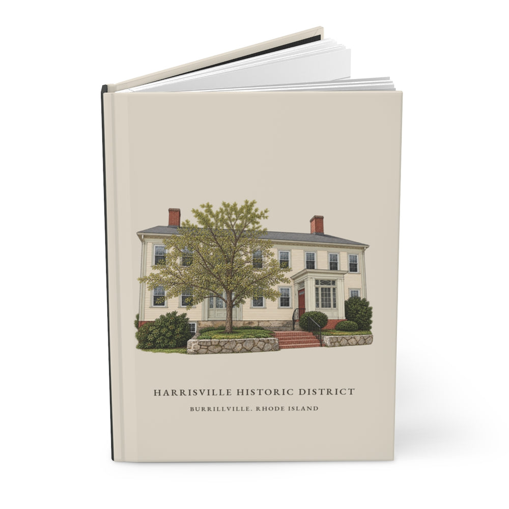 Burrillville Harrisville Historic District journal mockup showing the illustrated cover