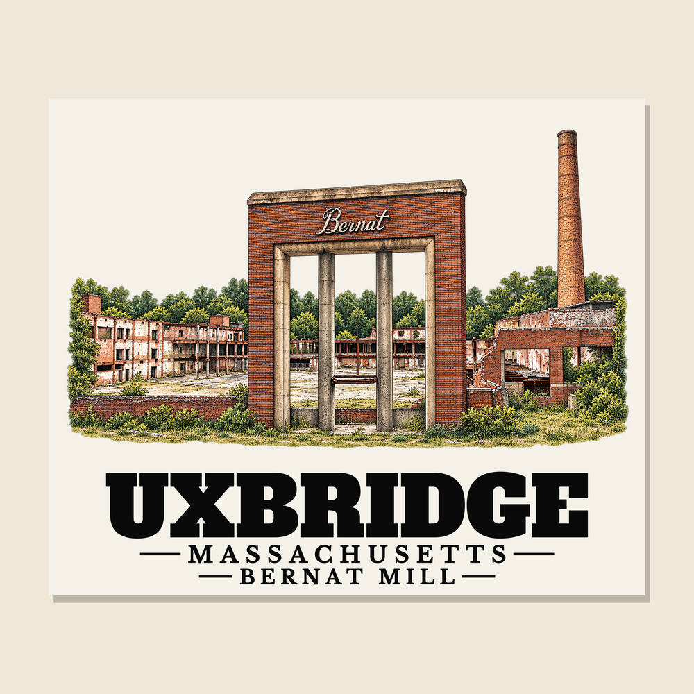 Bernat Mill — Uxbridge, Massachusetts woven blanket design with town lettering