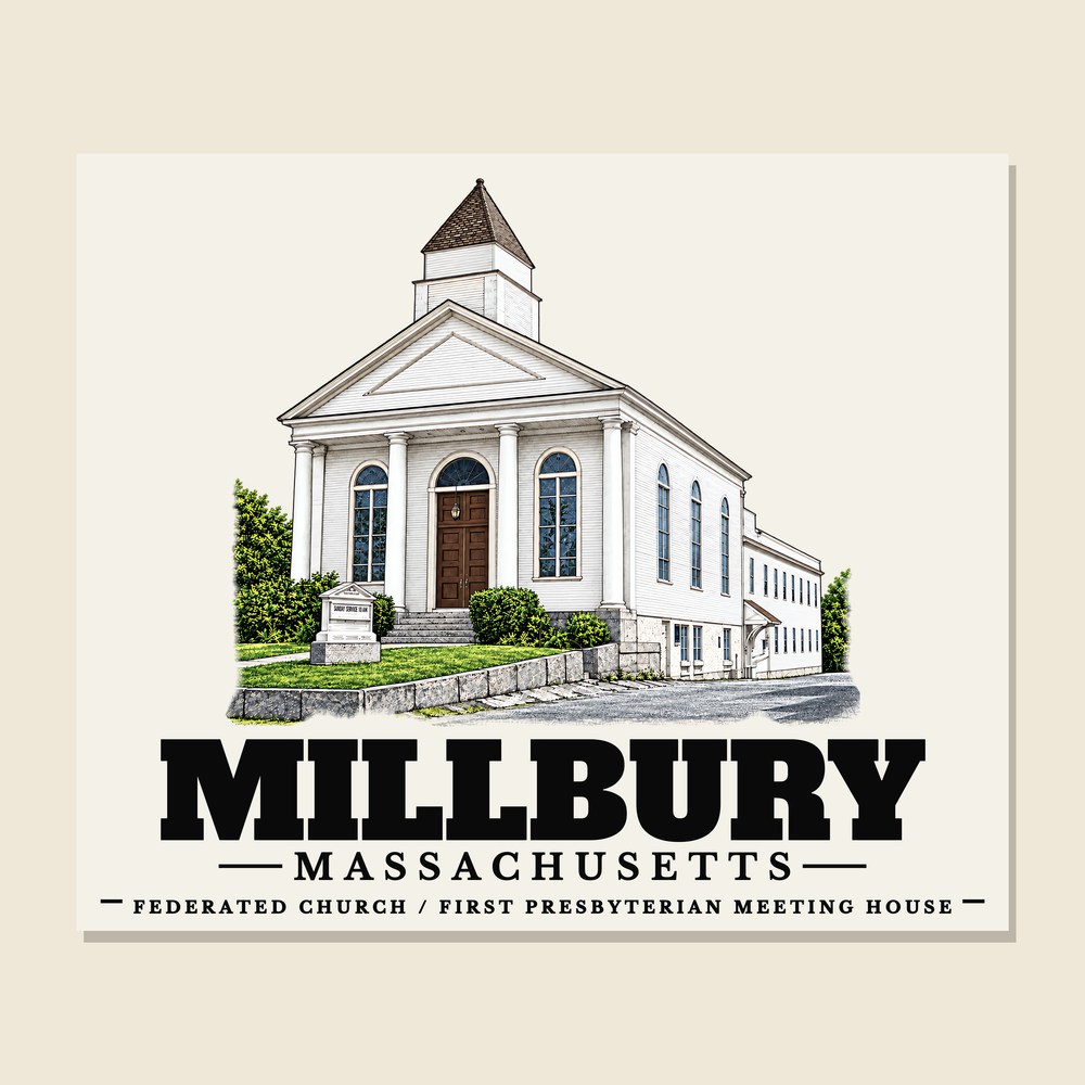 Federated Church / First Presbyterian Meeting House — Millbury, Massachusetts woven blanket design with town lettering