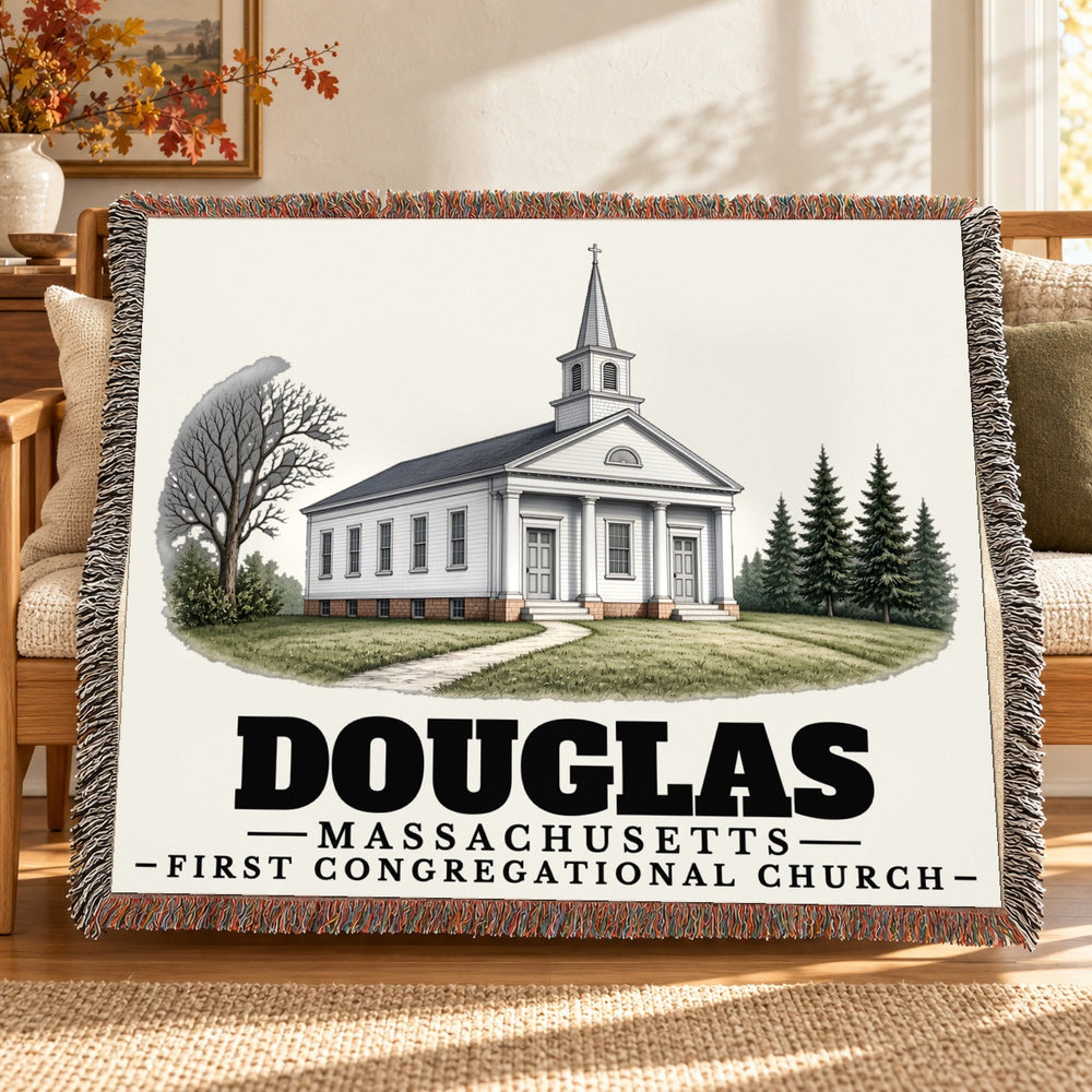 First Congregational Church woven blanket draped on a sofa in a living room — Douglas, Massachusetts