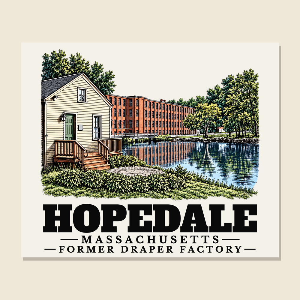 Former Draper Factory — Hopedale, Massachusetts woven blanket design with town lettering