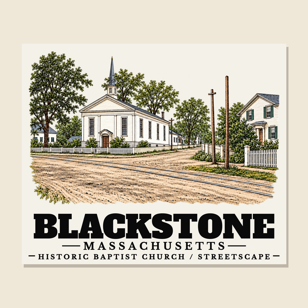 Historic Baptist Church / Streetscape — Blackstone, Massachusetts woven blanket design with town lettering