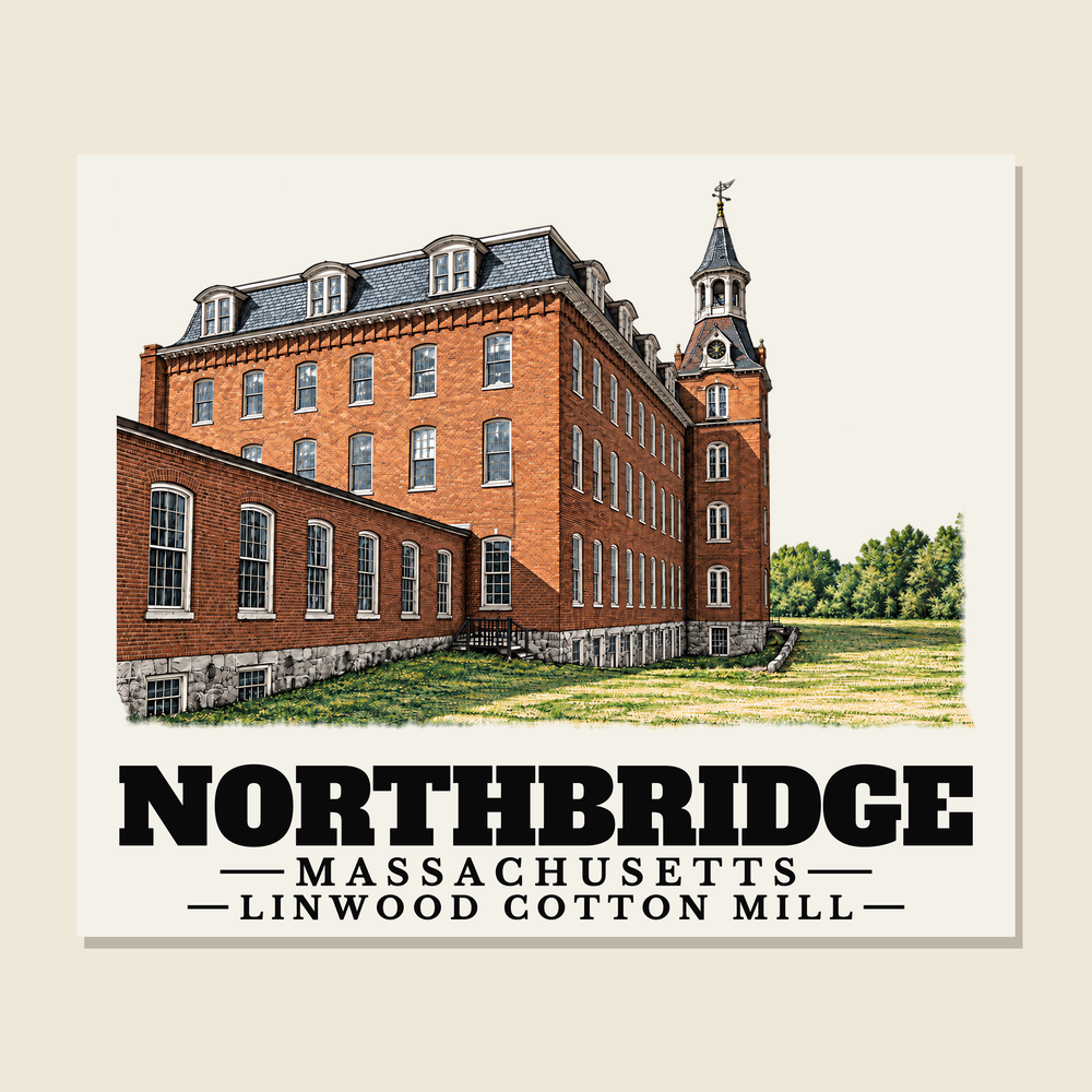 Linwood Cotton Mill — Northbridge, Massachusetts woven blanket design with town lettering