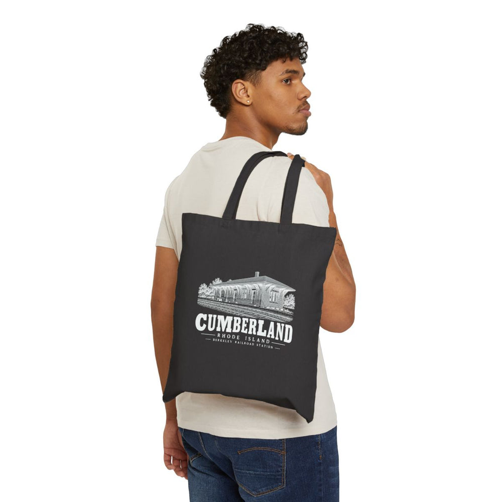 Cumberland Berkeley Railroad Station Heavy Canvas Tote in Black — person front view