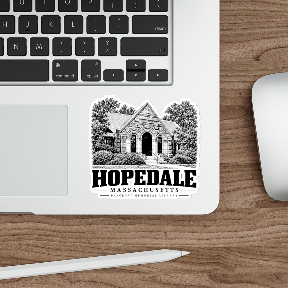 Hopedale Bancroft Memorial Library on white 4-inch die-cut vinyl sticker, laptop context