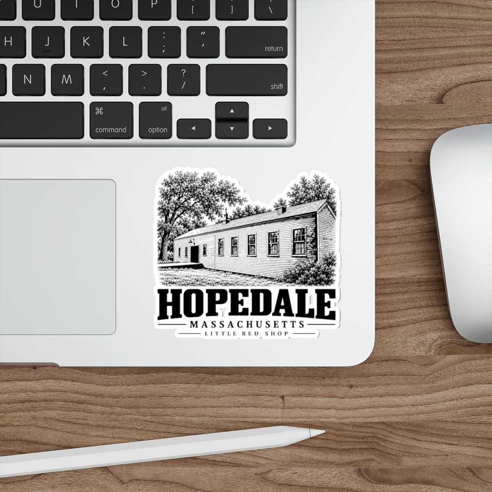 Hopedale Little Red Shop on white 4-inch die-cut vinyl sticker, laptop context