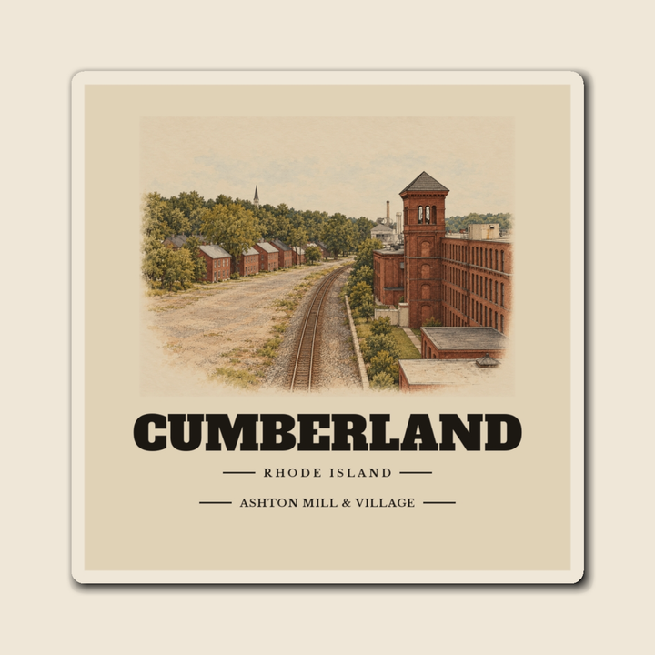 Cumberland Ashton Mill & Village engraved illustration on a 4 inch square vinyl magnet, cream display background
