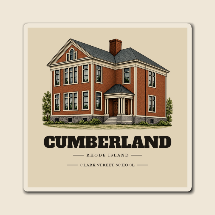 Cumberland Clark Street School engraved illustration on a 4 inch square vinyl magnet, cream display background
