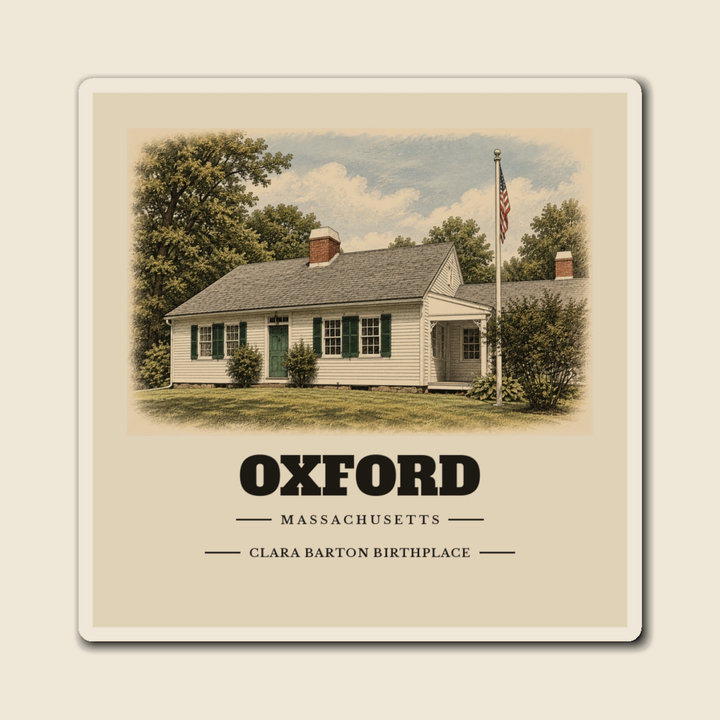 Oxford Clara Barton Birthplace engraved illustration on a 4 inch square vinyl magnet, cream display background