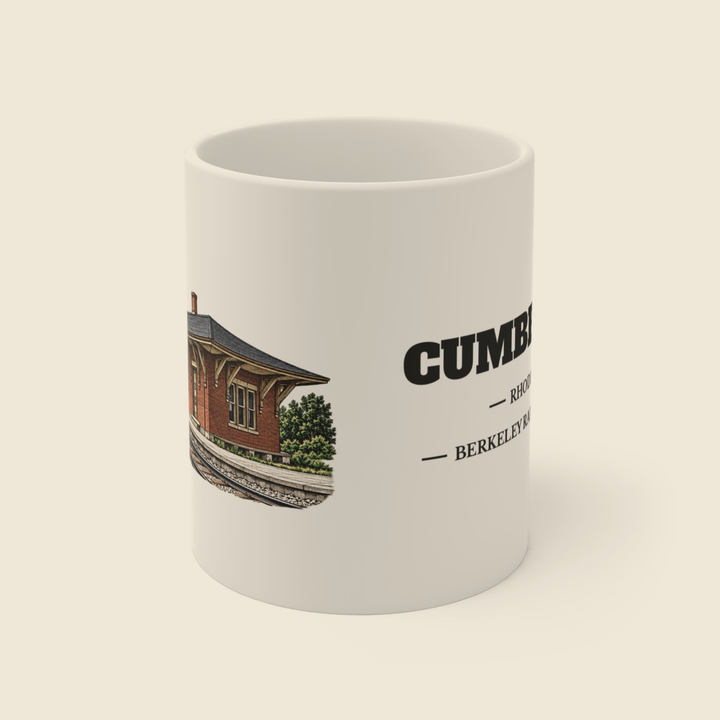 Cumberland Berkeley Railroad Station colored engraving on an 11 oz white ceramic mug, cream display background