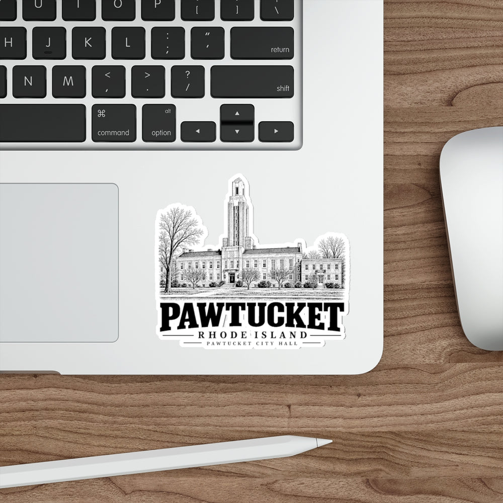 Pawtucket City Hall 4 in die-cut sticker, laptop view