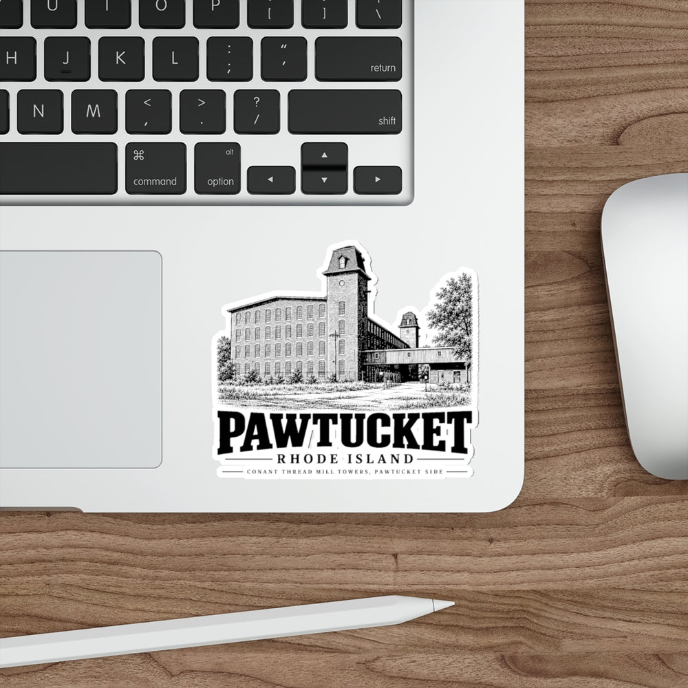 Pawtucket Conant Thread Mill Towers 4 in die-cut sticker, laptop view